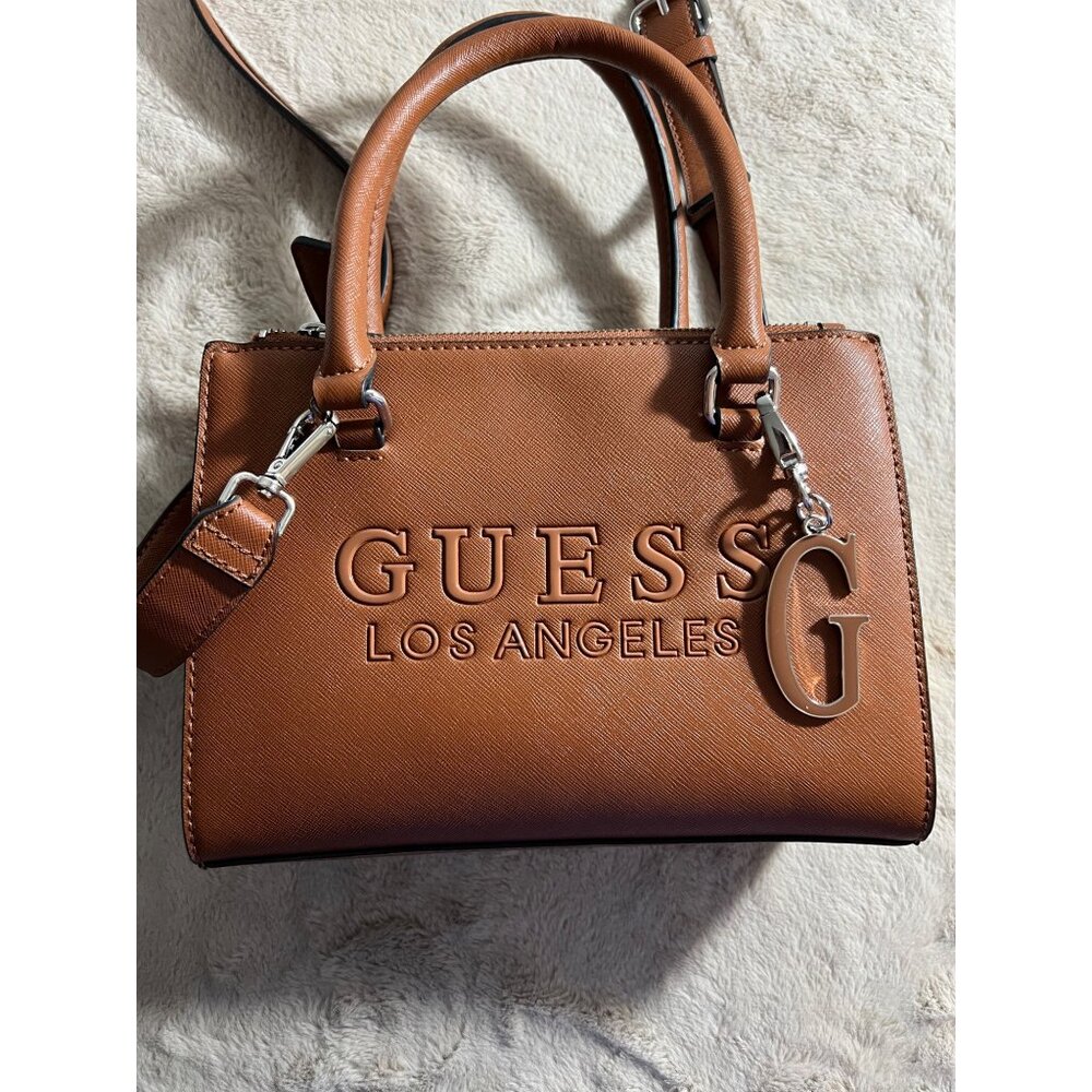 Guess Los Angeles Brown Faux Leather Crossbody Handbag With Detachable Strap